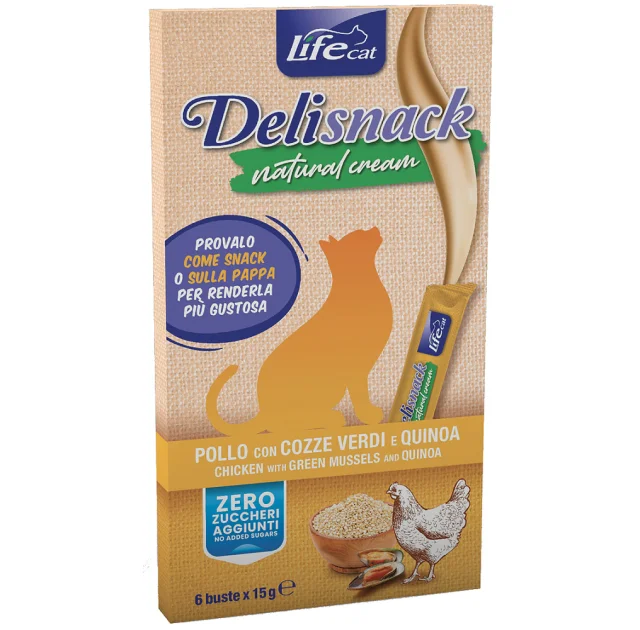 Лакомство LifeCat Deli Snack Natural Cream для кошек, крем-снек на основе мяса курицы с мидиями и киноа, 6 штук по 15 г