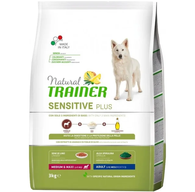 Корм Natural Trainer Dog Sensitive Plus Adult MM для дорослих собак середніх та великих порід, з кониною, 3 кг