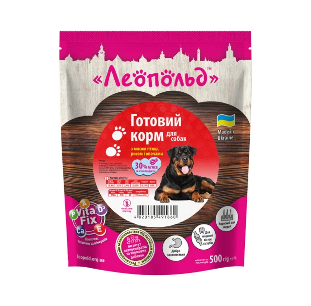Влажный корм Леопольд Готовый корм для собак с мясом птицы, рисом и овощами, 500 г