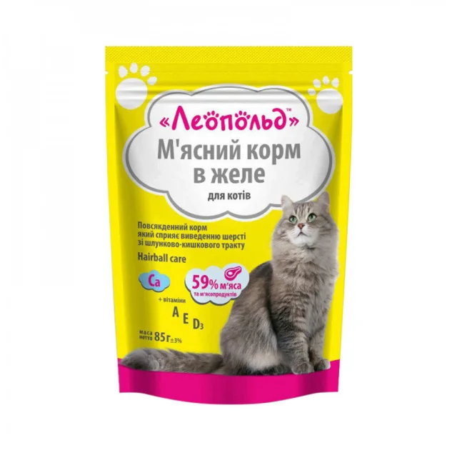 Вологий корм Леопольд М'ясний корм для котів, для виведення шерсті, з яловичиною, у желе, 85 г