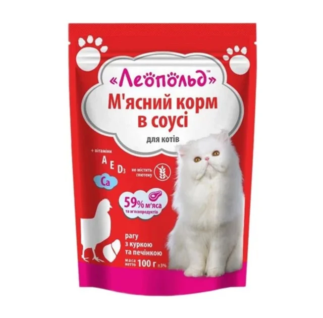 Вологий корм Леопольд М'ясне Рагу для котів, з куркою і печінкою в соусі, 100 г