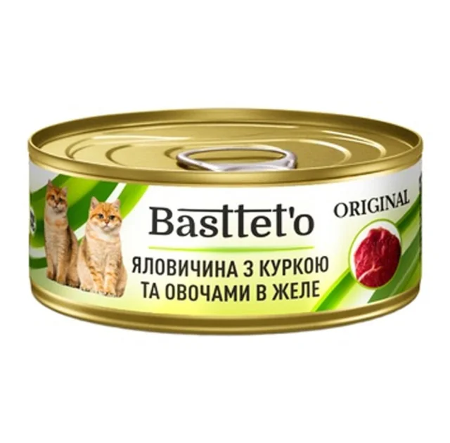Влажный корм Bastteto для кошек, с говядиной, курицей и овощами в желе, 85 г