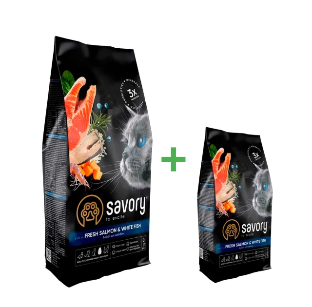 Сухой корм Savory для длинношерстных кошек, со свежим лососем и белой рыбой, акция 2 кг+400 г