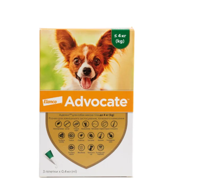 Капли от блох, отодектоза, саркоптоза, демодекоза Elanco Advocate для собак до 4 кг, цена за 1 пипетку