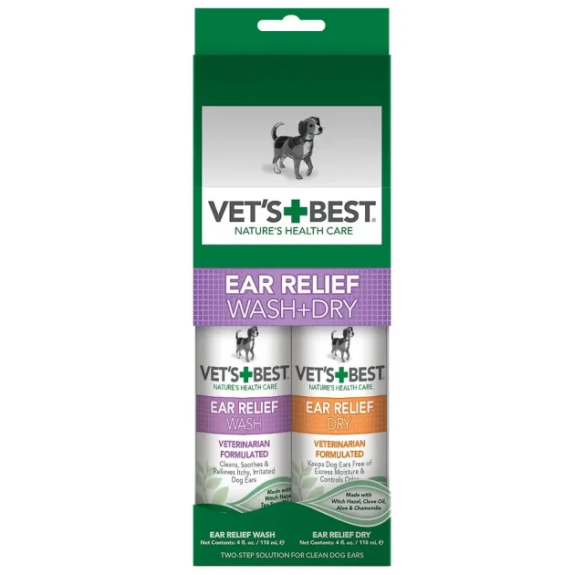 Набір Рідкий очищувач для чищення вух Vet`s Best Ear Relief Wash & Dry для собак, 2х118 мл