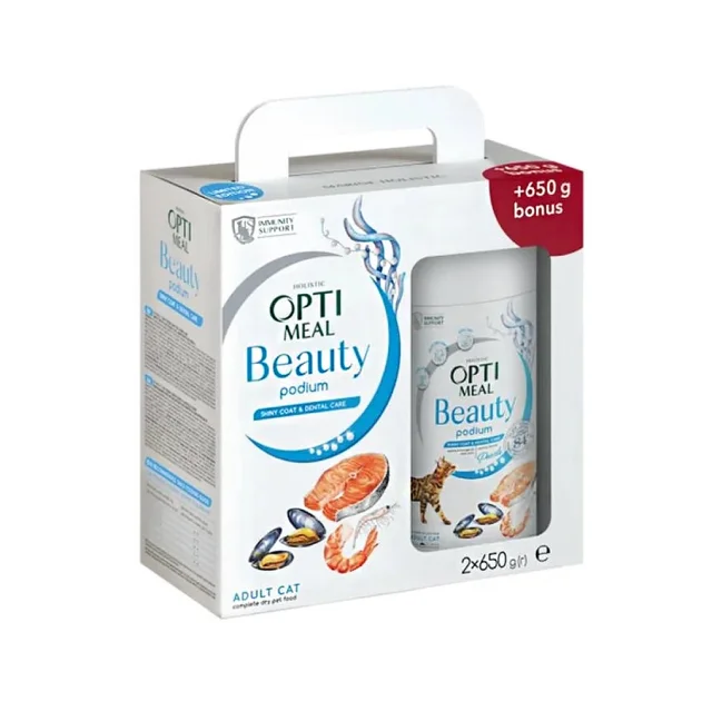 Сухой корм Optimeal Beauty Podium для кошек, уход за шерстью и зубами, на основе морепродуктов, 650+650 г