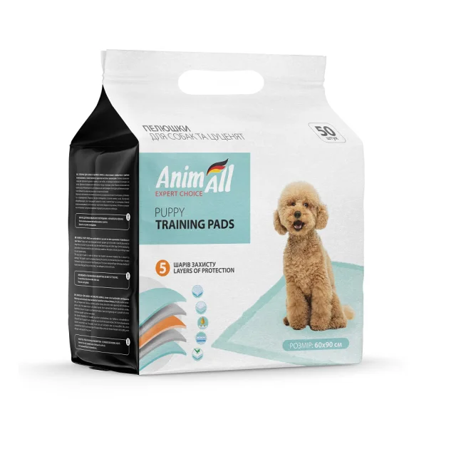 Пелюшки AnimAll Puppy Training Pads для собак і цуценят, 60×90 см, 50 штук