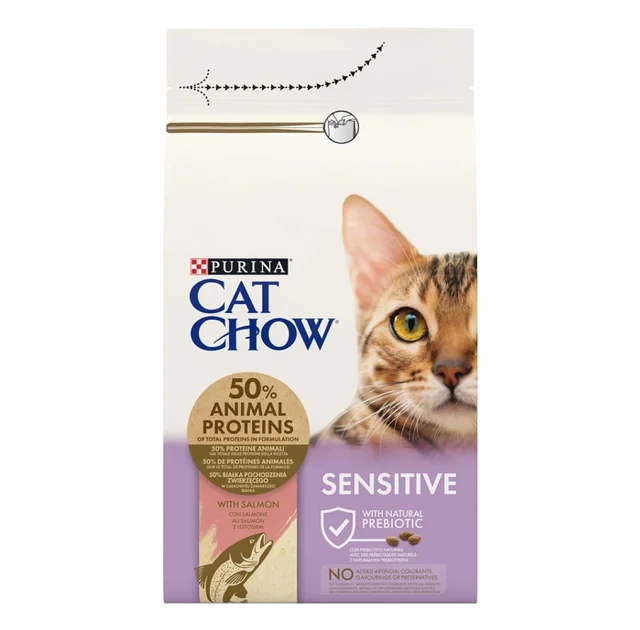 Сухой корм Purina Cat Chow Sensitive для взрослых кошек с чувствительной кожей и пищеварением, с лососем, 1.5 кг