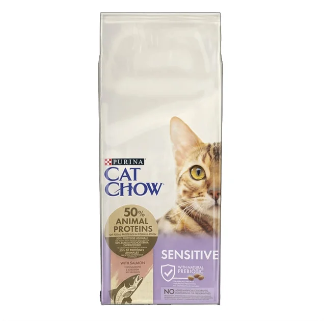 Сухий корм Purina Cat Chow Sensitive для дорослих котів із чутливою шкірою та травленням, з лососем, 15 кг