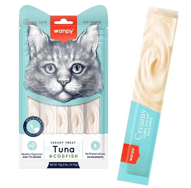 Лакомство Wanpy Creamy Lickable Treats Tuna&Codfish с тунцом, треской, витаминами и таурином, для кошек, 5×14 г