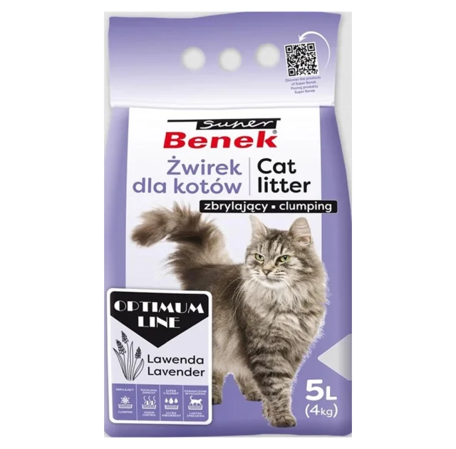 Бентонітовий наповнювач Super Benek Optimum для котячого туалету, з ароматом лаванди, 5 л