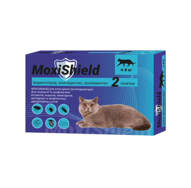 Капли на холку MoxiShield противопаразитарные, для кошек весом 4-8 кг, 0.8 мл, 2 пипетки