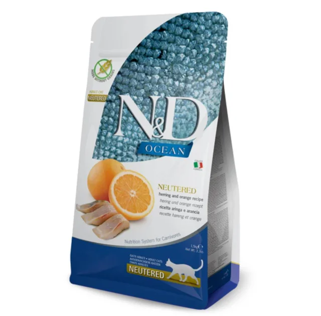 Беззерновой сухой корм Farmina N&D Ocean Herring&Orange Neutered для стерилизованных кошек, с селедкой и апельсином, 1.5 кг