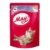 Влажный корм Мяу для котов, полнорационный, консервированный, с индейкой в нежном соусе, 85 г