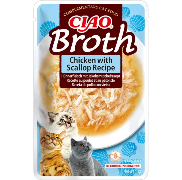 Влажный корм INABA «CIAO Broth» для кошек, с тушёной курицей и гребешком в бульоне, 40 г
