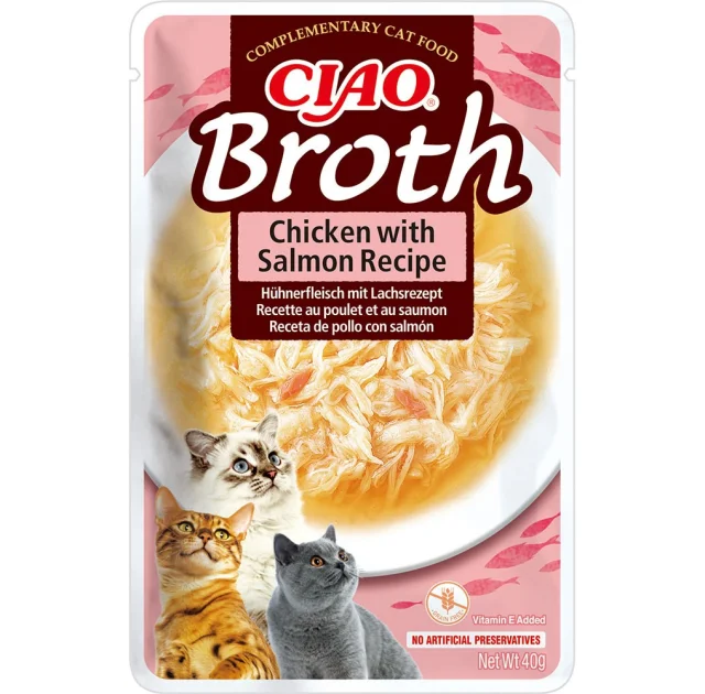 Влажный корм INABA «CIAO Broth» для кошек, с тушёной курицей и лососем в бульоне, 40 г
