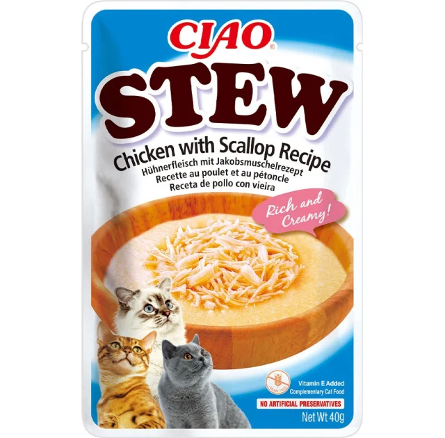 Влажный корм INABA «CIAO Stew» для кошек, с тушёной курицей и гребешком, 40 г