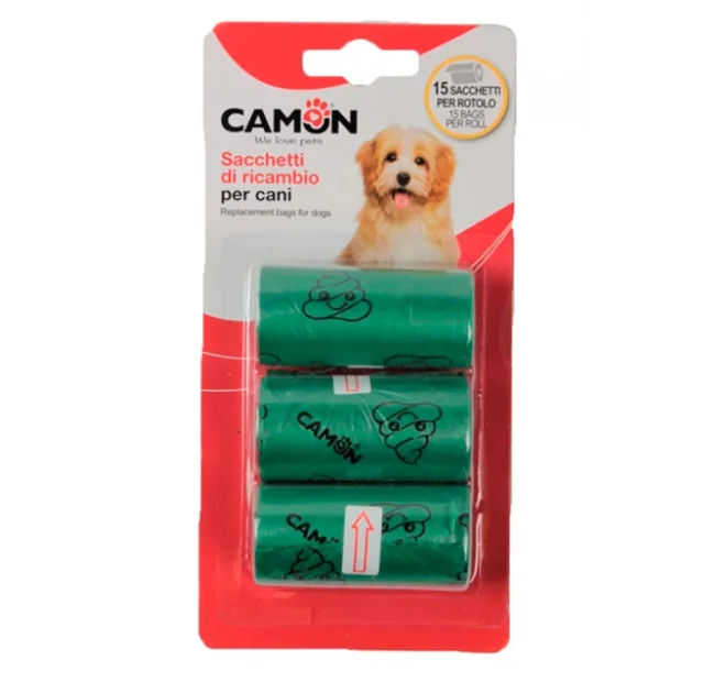 Пакети Camon для собачих фекалій під брелок-диспенсер арт. B523/P, 3 шт×15 пак, зелено-чорний