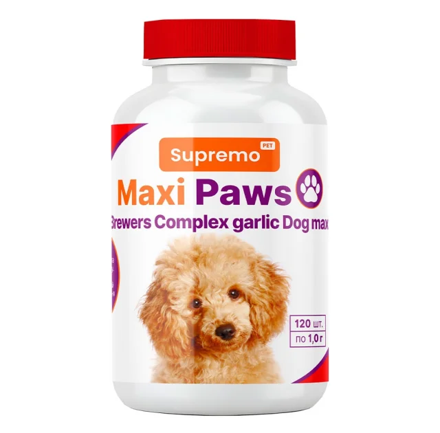 Вітаміни Supremo MAXI PAWS для собак великих порід, комплекс пивних дріжджів з часником, 120 таблеток, 1 г