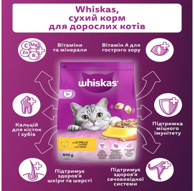 Сухой корм Whiskas для кошек, с курицей, 800 г