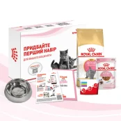 Стартовый набор Royal Canin Kitten British Shorthair для британских котят, миска, мерный стаканчик, дневник, сухой и влажный корм, 400 г + 85 г