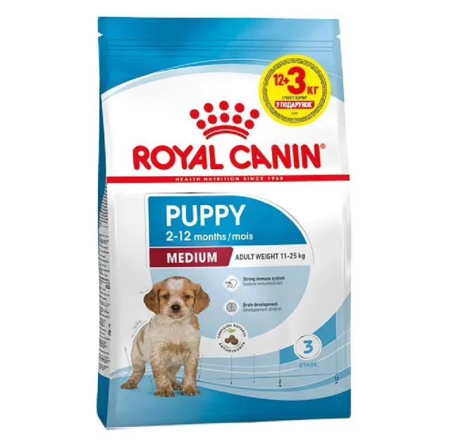 Сухой корм Royal Canin Medium Puppy для щенков средних пород до 12 месяцев, 12 кг + 3 кг в подарок