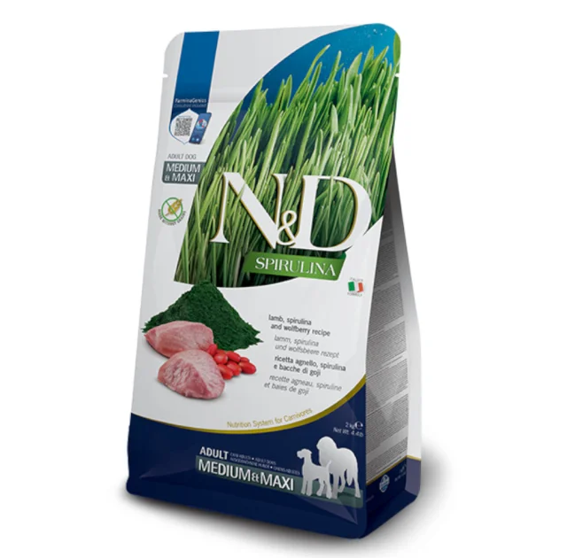 Сухий беззерновий корм Farmina N&D SPIRULINA для дорослих собак середніх і великих порід, з ягням, спіруліною та ягодами годжі, 7 кг
