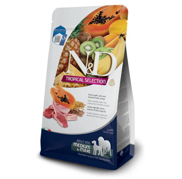Сухий низькозерновий корм Farmina N&D TROPICAL SELECTION для дорослих собак середніх і великих порід, з ягням і тропічними фруктами, 2 кг