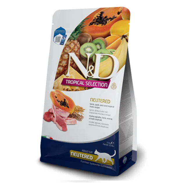 Сухий низькозерновий корм Farmina N&D TROPICAL SELECTION для стерилізованих дорослих котів, з ягням та тропічними фруктами, 10 кг