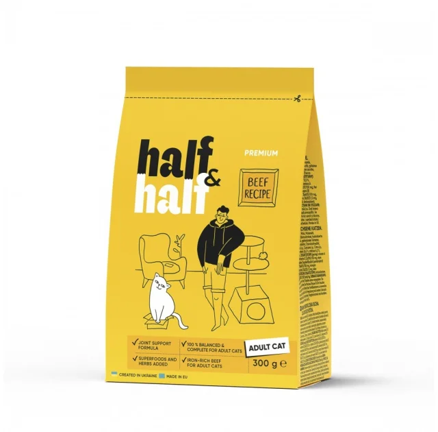 Сухой корм Half&Half для взрослых кошек, с говядиной, 300 г