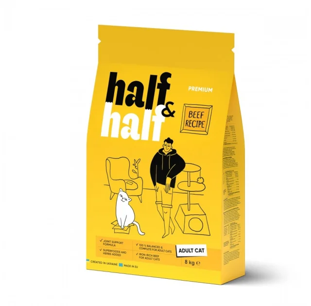 Сухой корм Half&Half для взрослых кошек, с говядиной, 8 кг