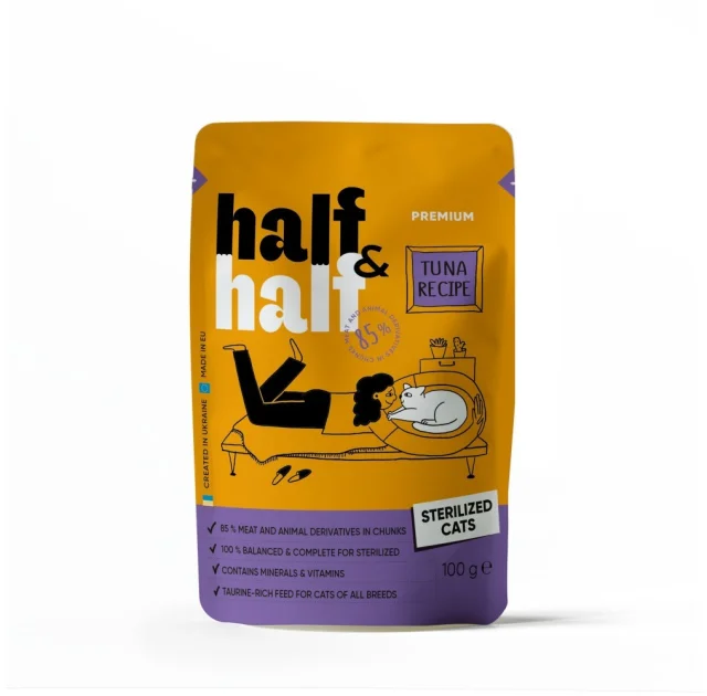 Влажный корм Half&Half для стерилизованных кошек, кусочки с тунцем в соусе, пауч, 100 г