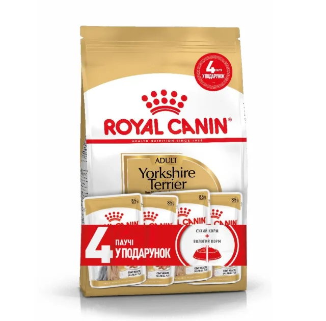 Акційний набір Royal Canin Yorkshire Adult для йоркширського тер'єру, 1.5 кг + 4 паучі в подарунок