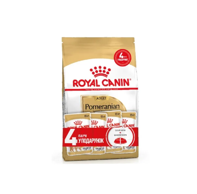 Акційний набір Royal Canin Pomeranian Adult для дорослих собак породи померанський шпіц, 1.5 кг + 4 паучі в подарунок