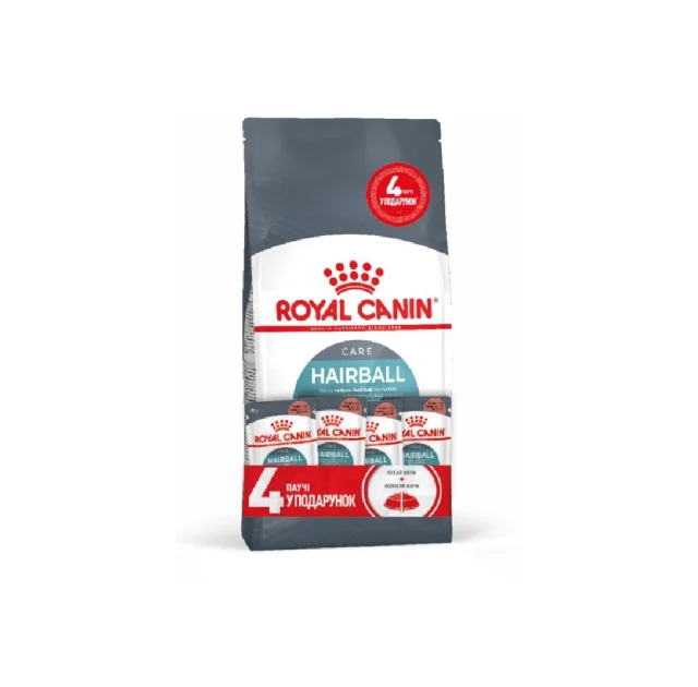 Акційний набір Royal Canin Hairball Care для виведення вовни у кішок, 2 кг + 4 паучі в подарунок