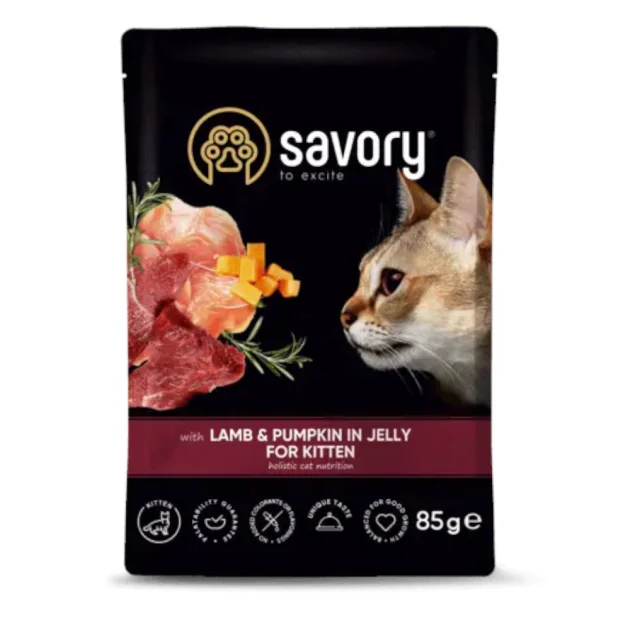 Вологий корм Savory Lamb&Pumpkin Jelly Kitten Cat для кошенят, ягня з гарбузом, у желе, пауч, 85 г