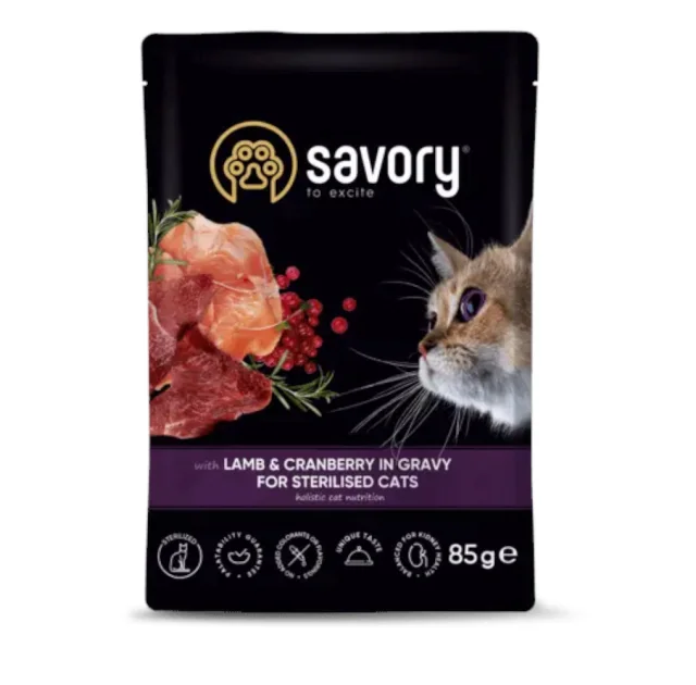 Вологий корм Savory Lamb&Cranberry Gravy Sterilised Cat для стерилізованих котів, ягня з журавлиною, у соусі, 85 г