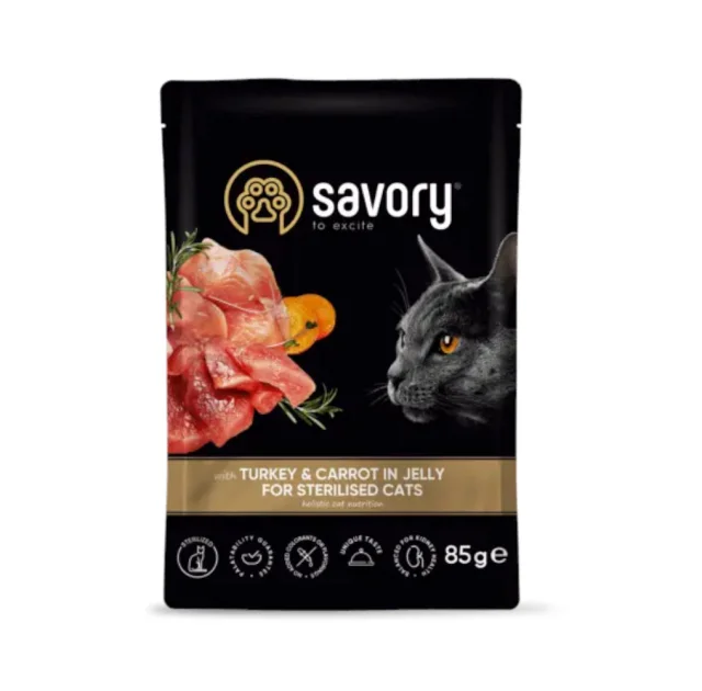 Вологий корм Savory Turkey&Carrot Jelly Sterilised Cat для стерилізованих котів, індичка з морквою, у соусі, 85 г