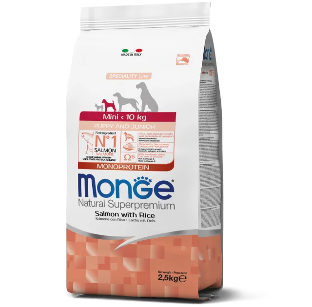 Сухой корм Monge Dog Mini Puppy&Junior для щенков, лосось с рисом, 2.5 кг