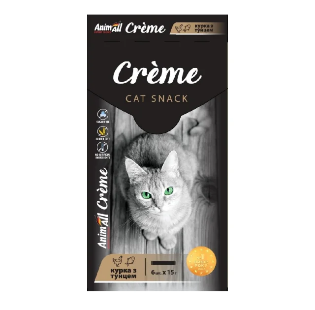 Ласощі AnimAll Сrème для котів, зі смаком курки з тунцем, 6×15 г