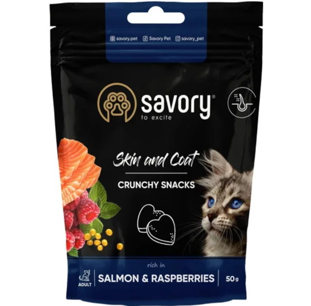 Хрусткі ласощі Savory Skin and Coat Snack для котів, для здоров'я шкіри та шерсті, лосось i малина,50 г