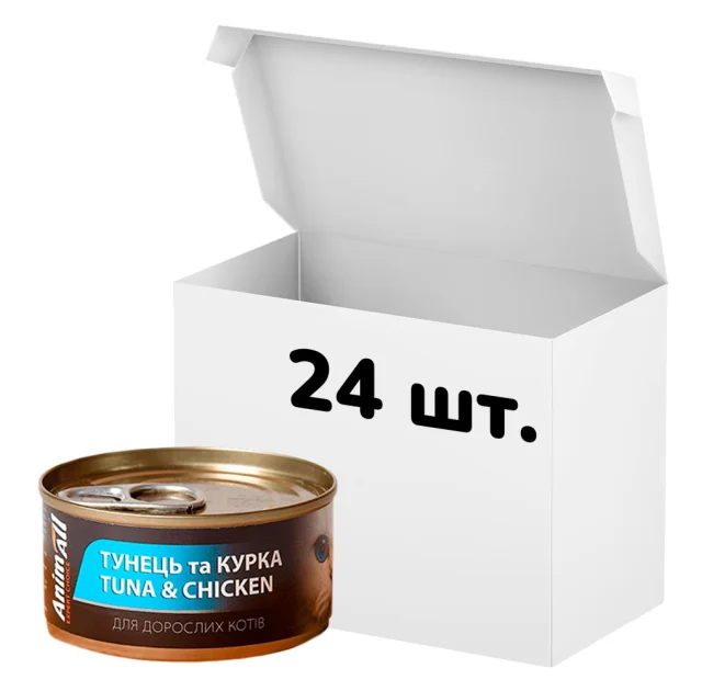 Упаковка консервов AnimAll для кошек, тунец с курицей, 85 г, 24 штуки