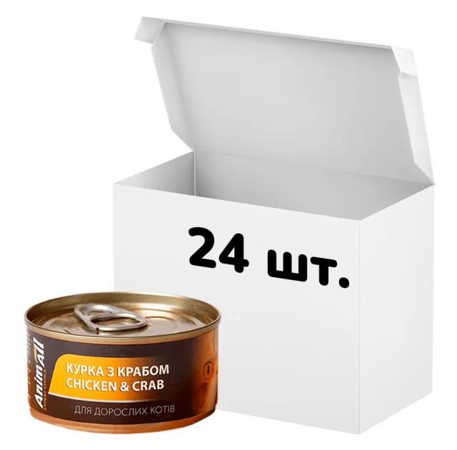 Упаковка консервов AnimAll для кошек, курица с крабом, 85 г, 24 штуки