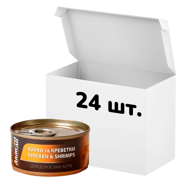 Упаковка консервів AnimAll для котів, курка з креветками, 85 г, 24 штуки