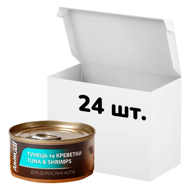 Упаковка консервов AnimAll для кошек, тунец с креветками, 85 г, 24 штуки