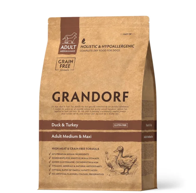 Сухий корм Grandorf Medium & Maxi Duck & Turkey, для дорослих собак середніх та великих порід, качка та індичка, 1 кг