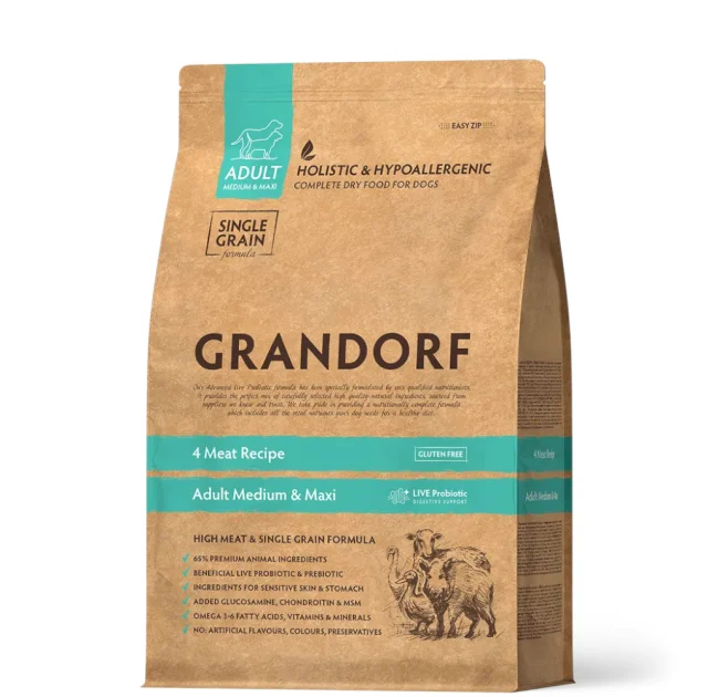 Сухий корм Grandorf Medium & Maxi 4 Meat, для дорослих собак середніх та великих порід, 4 види м'яса, 3 кг