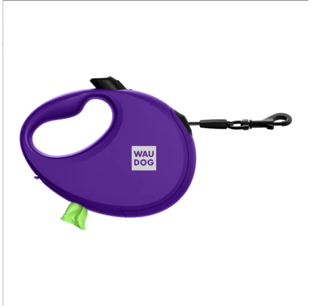 Повідець-рулетка Waudog R-leash з контейнером для пакетів, для собак, світловідбивна стрічка, М, до 20 кг, 5 м, фіолетовий