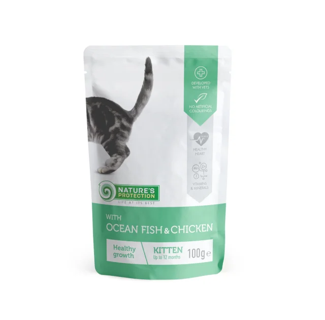 Влажный корм Nature's Protection With Ocean Fish & Chicken Pouch для котят, с океанической рыбой и курицей, 100 г