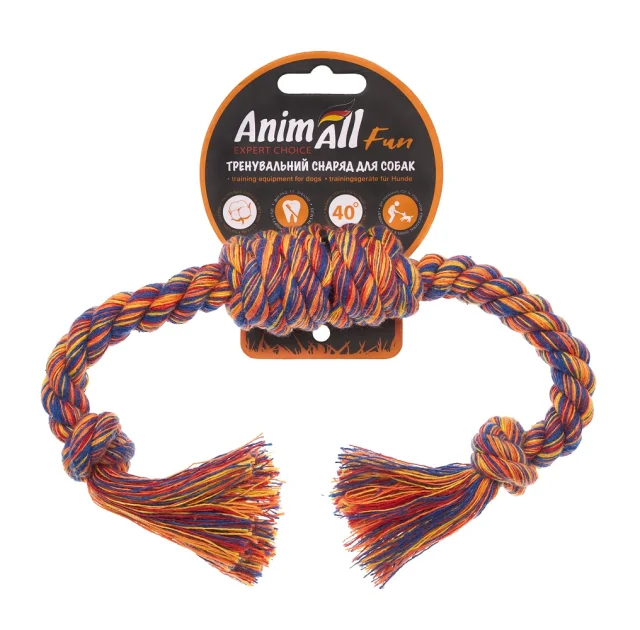 Игрушка AnimAll Fun канат-бочка с двумя узлами для собак, разноцветная, 27 см